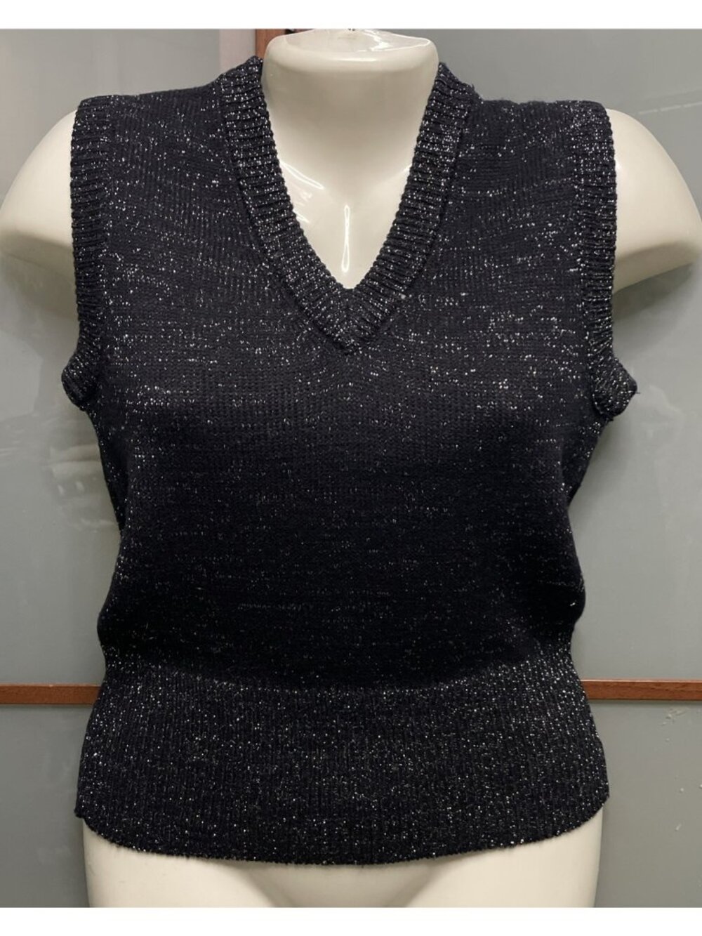 Bandini Vintage 80s Womens Small Black Metallic Sweater Vest Dark Academia Goth